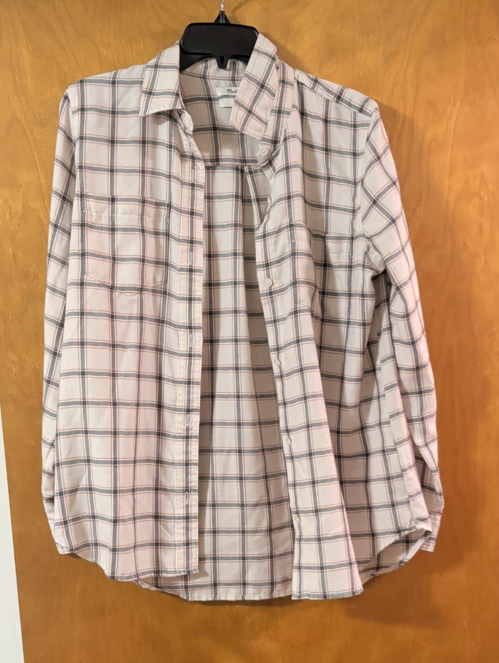 Madewell Beige Plaid Button-Up Shirt with Navy and Rust Lines
